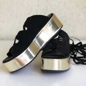 Laceup Ankle Strap Platform Faux Suede Gold Black